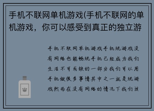 手机不联网单机游戏(手机不联网的单机游戏，你可以感受到真正的独立游戏体验)
